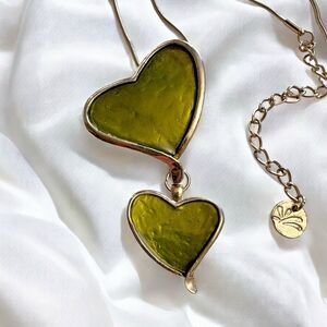 Vintage-Style 20" Heart Pendant Necklace – Double Green enamel  Hearts